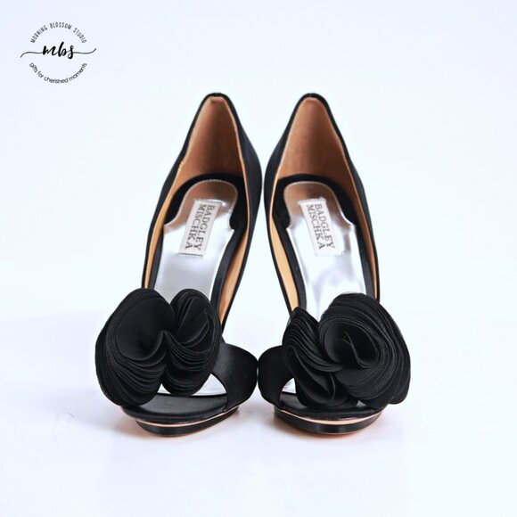 Badgley Mischka Satin Rosette Open Toe Stiletto Heels Black Women 7.5 - Picture 3 of 14